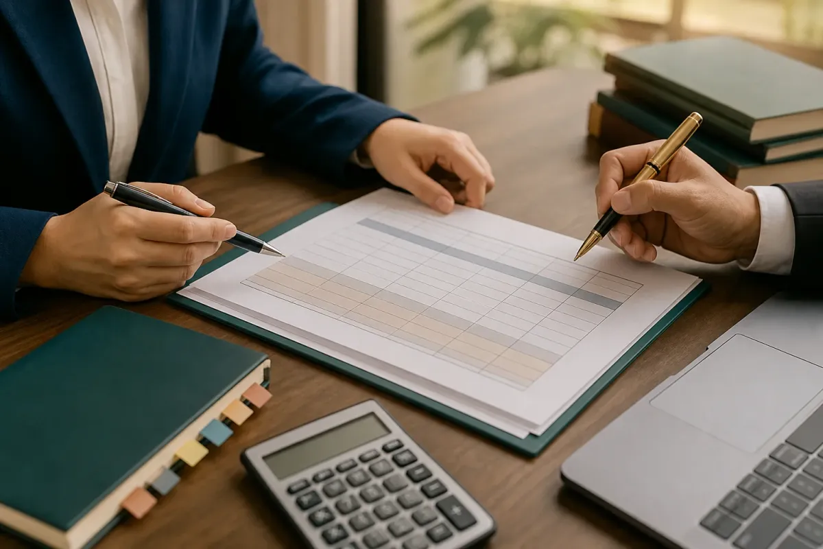 Bảng biểu điều khoản thanh toán được xem xét tại bàn làm việc