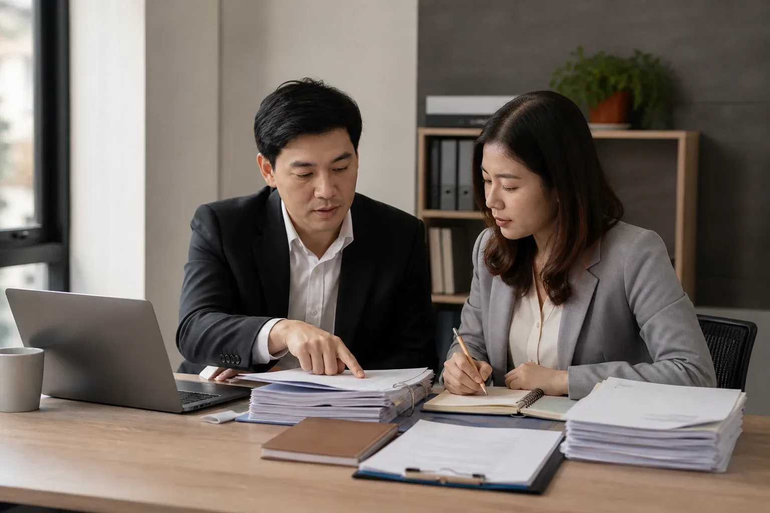 Tài liệu hợp đồng được xem xét trong không gian làm việc